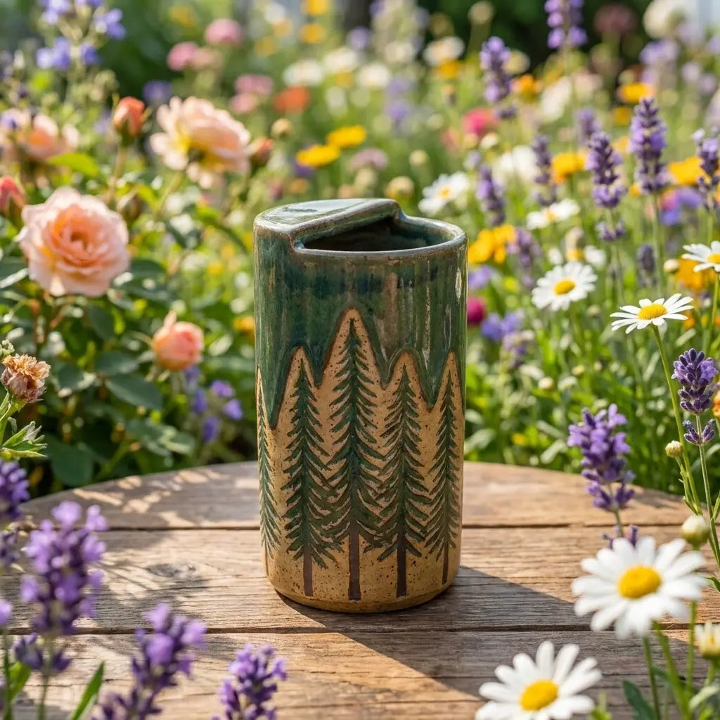 Evergreen Forest Ceramic Mug | Rustic Pine Tree Stoneware Coffee Cup Siporia