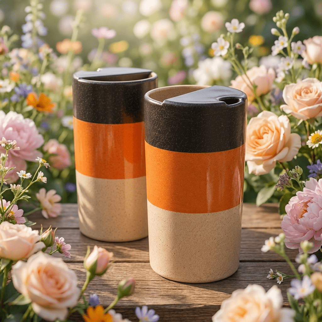 Sunset Orange Ceramic Travel Mug | Tall Stoneware Coffee Mug with Half Lid