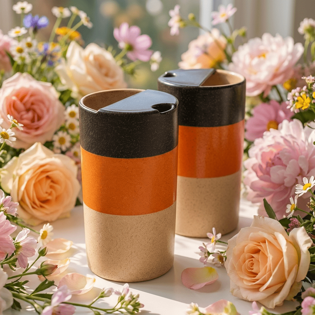 Sunset Orange Ceramic Travel Mug | Tall Stoneware Coffee Mug with Half Lid