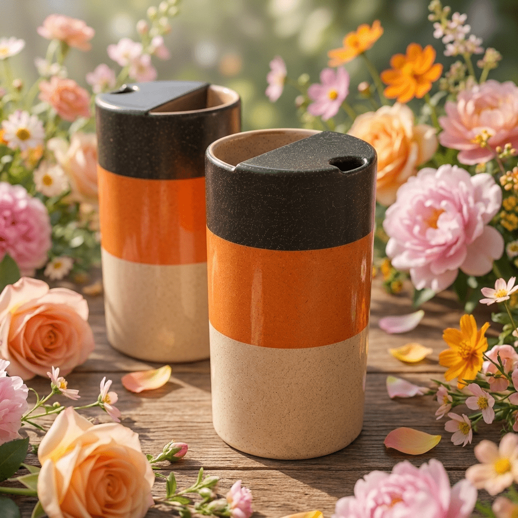 Sunset Orange Ceramic Travel Mug | Tall Stoneware Coffee Mug with Half Lid