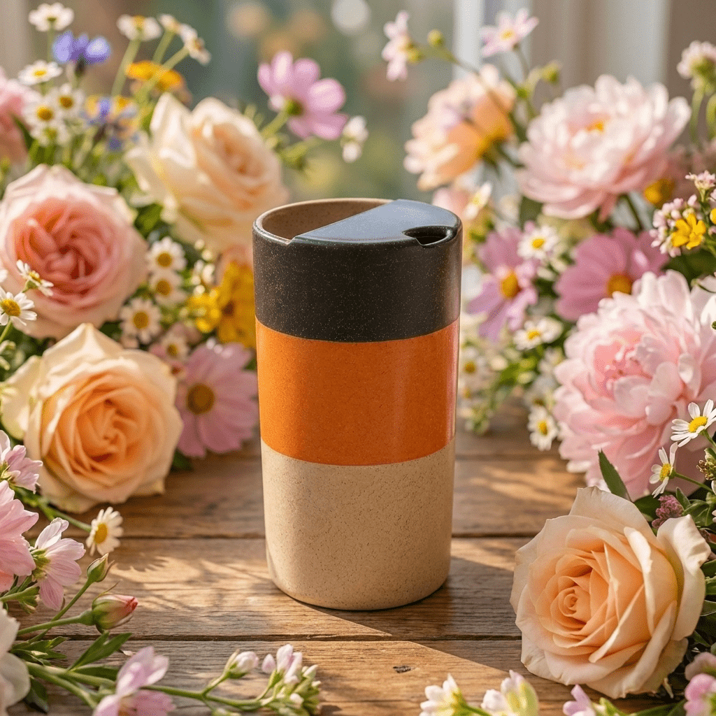 Sunset Orange Ceramic Travel Mug | Tall Stoneware Coffee Mug with Half Lid