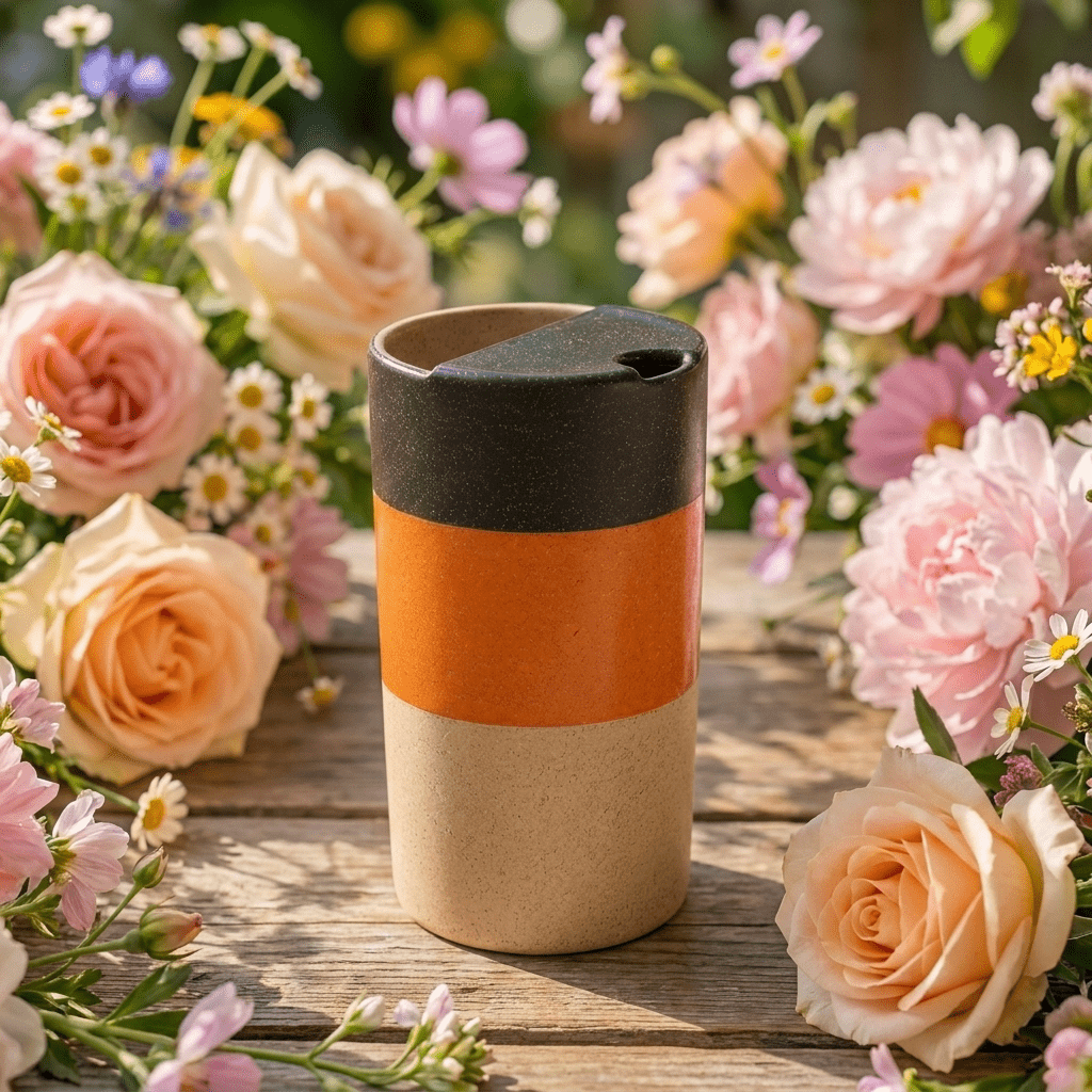 Sunset Orange Ceramic Travel Mug | Tall Stoneware Coffee Mug with Half Lid