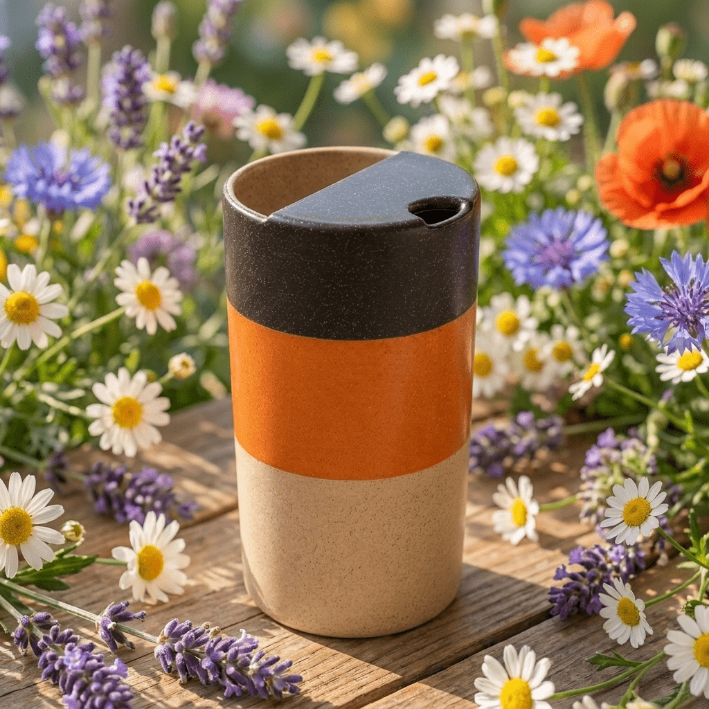 Sunset Orange Ceramic Travel Mug | Tall Stoneware Coffee Mug with Half Lid