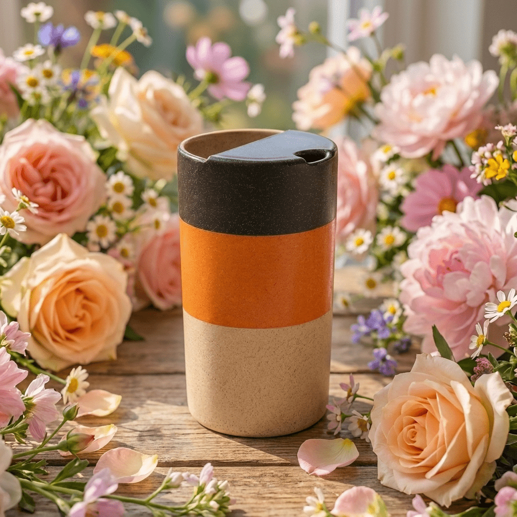 Sunset Orange Ceramic Travel Mug | Tall Stoneware Coffee Mug with Half Lid