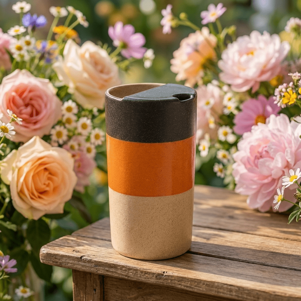 Sunset Orange Ceramic Travel Mug | Tall Stoneware Coffee Mug with Half Lid