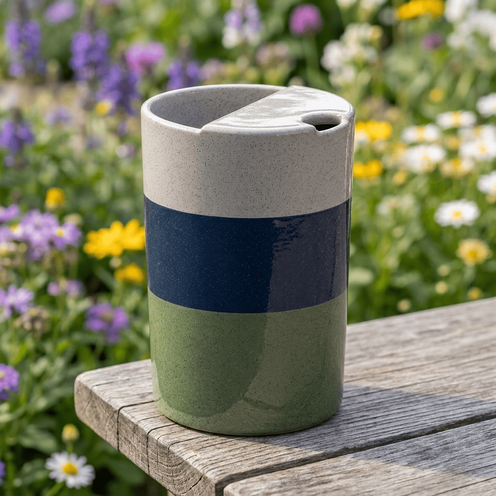 Mist Gray Ceramic Travel Mug | Tall Stoneware Coffee Mug with Half Lid