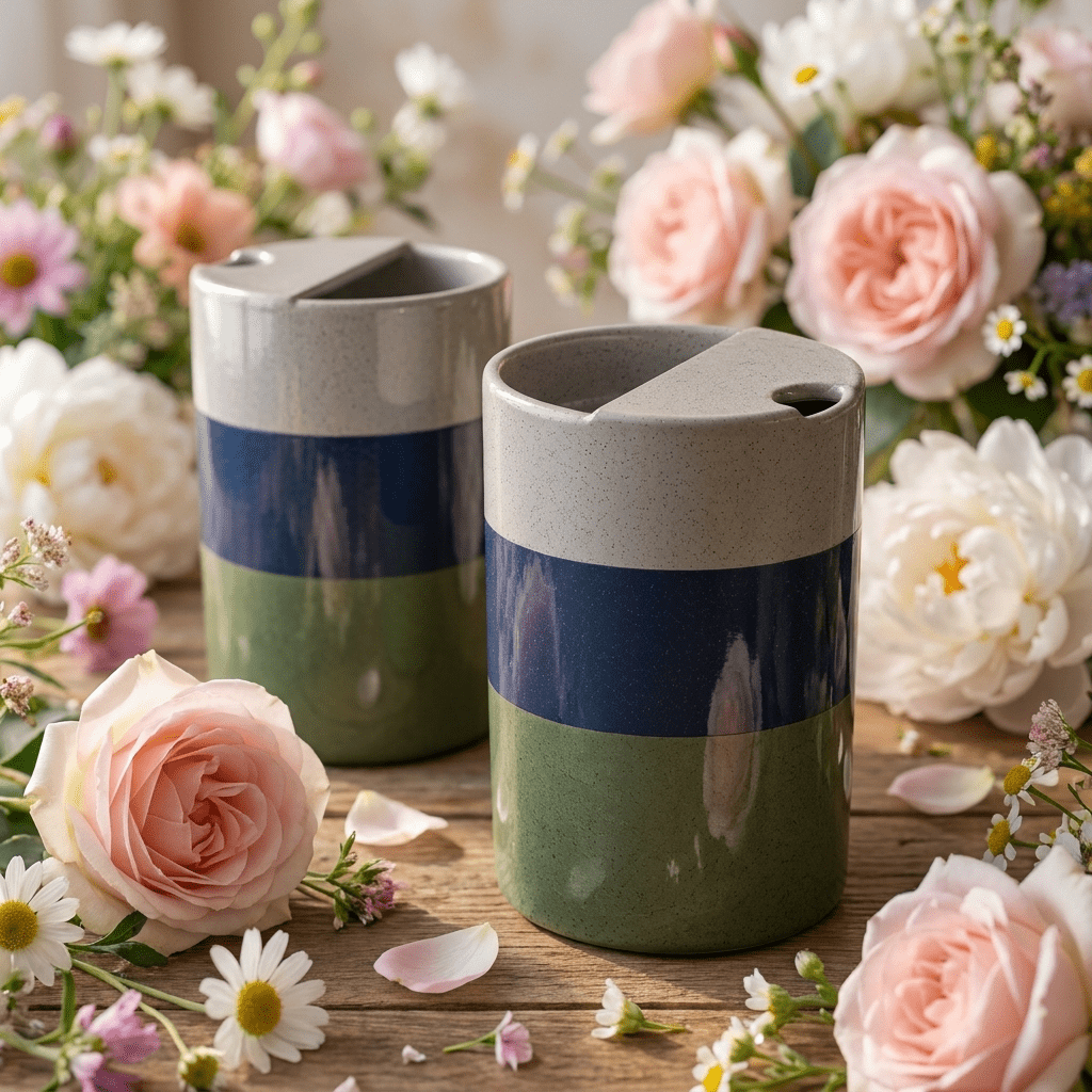 Mist Gray Ceramic Travel Mug | Tall Stoneware Coffee Mug with Half Lid