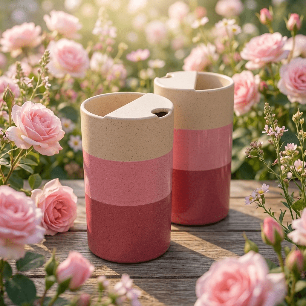 Cherry Blossom Pink Ceramic Travel Mug | Tall Stoneware Coffee Mug with Half Lid 🌸