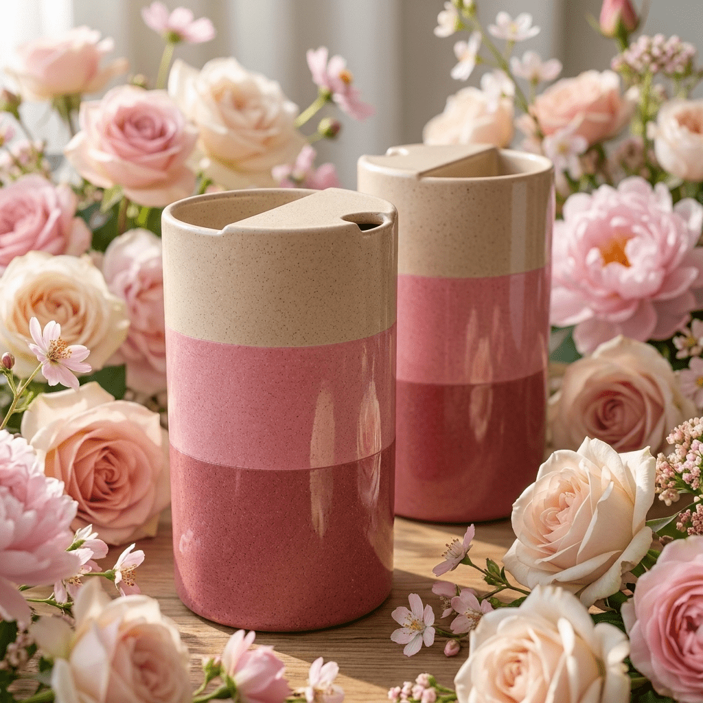 Cherry Blossom Pink Ceramic Travel Mug | Tall Stoneware Coffee Mug with Half Lid 🌸