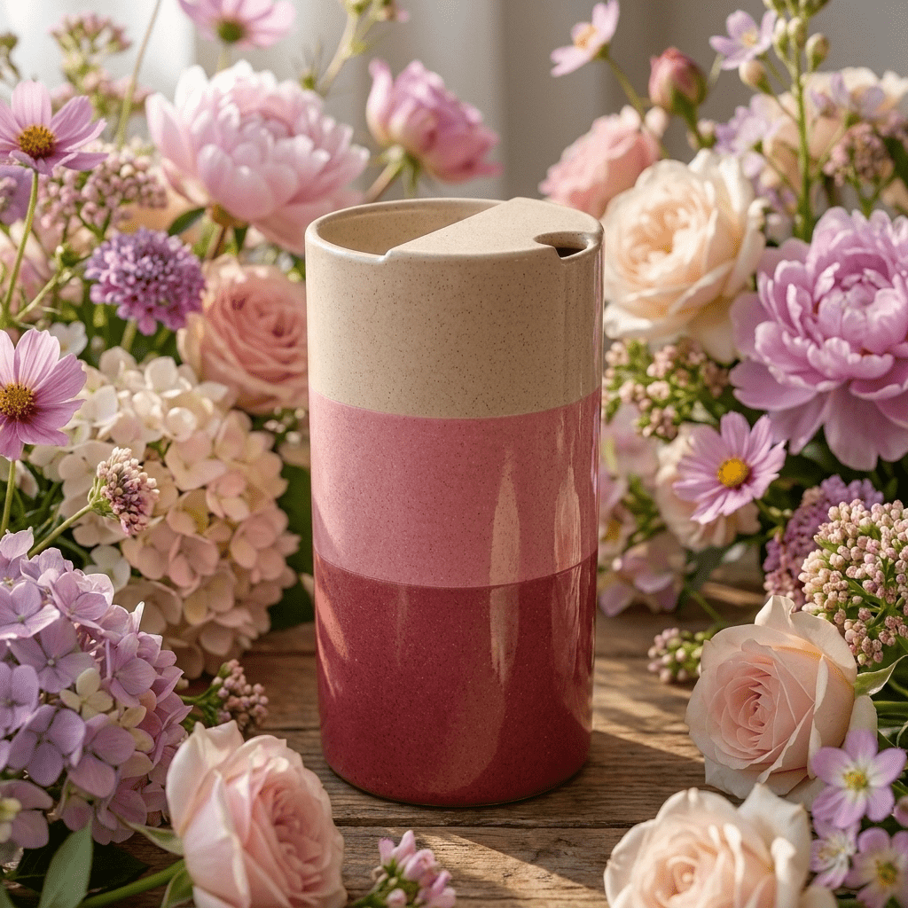 Cherry Blossom Pink Ceramic Travel Mug | Tall Stoneware Coffee Mug with Half Lid 🌸