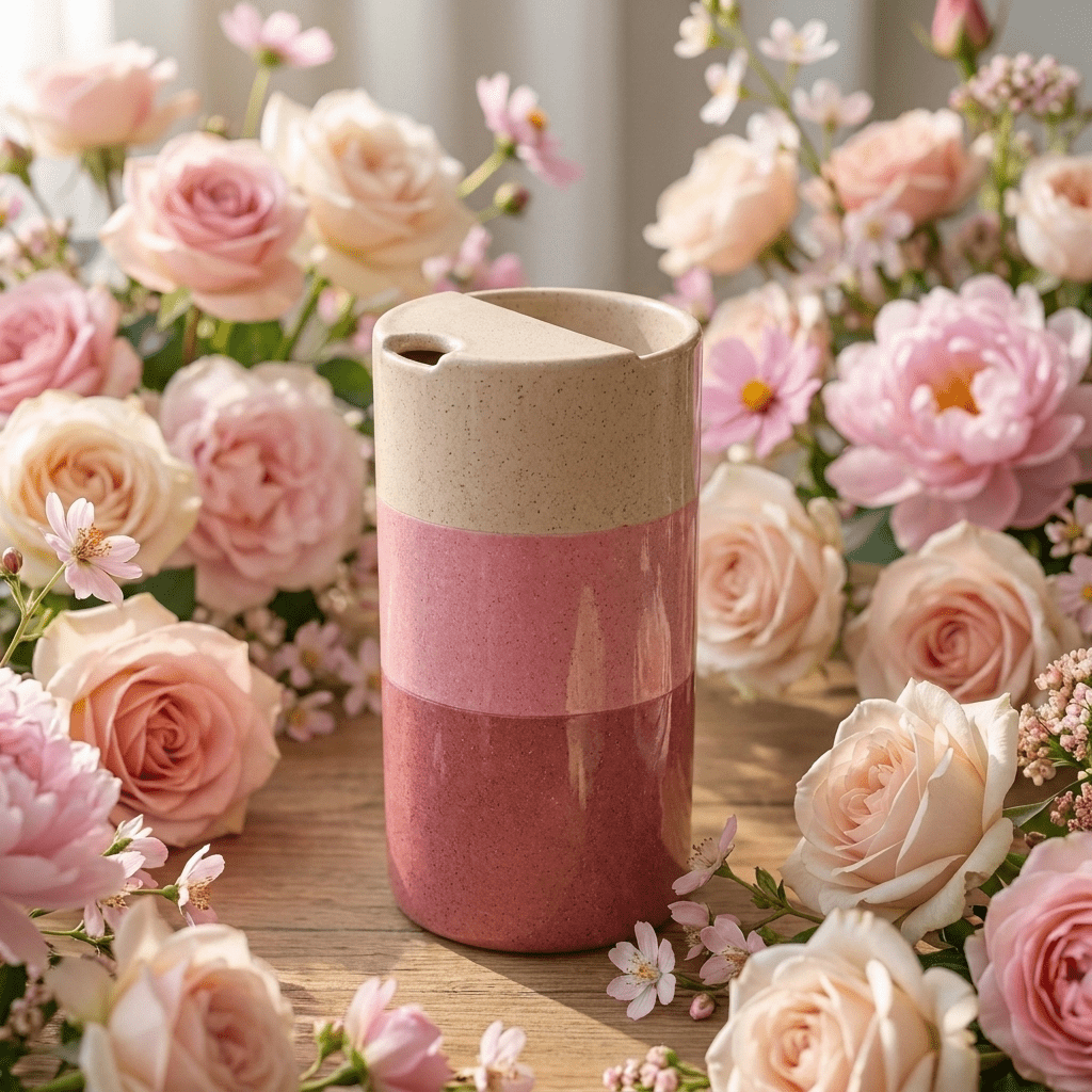 Cherry Blossom Pink Ceramic Travel Mug | Tall Stoneware Coffee Mug with Half Lid 🌸