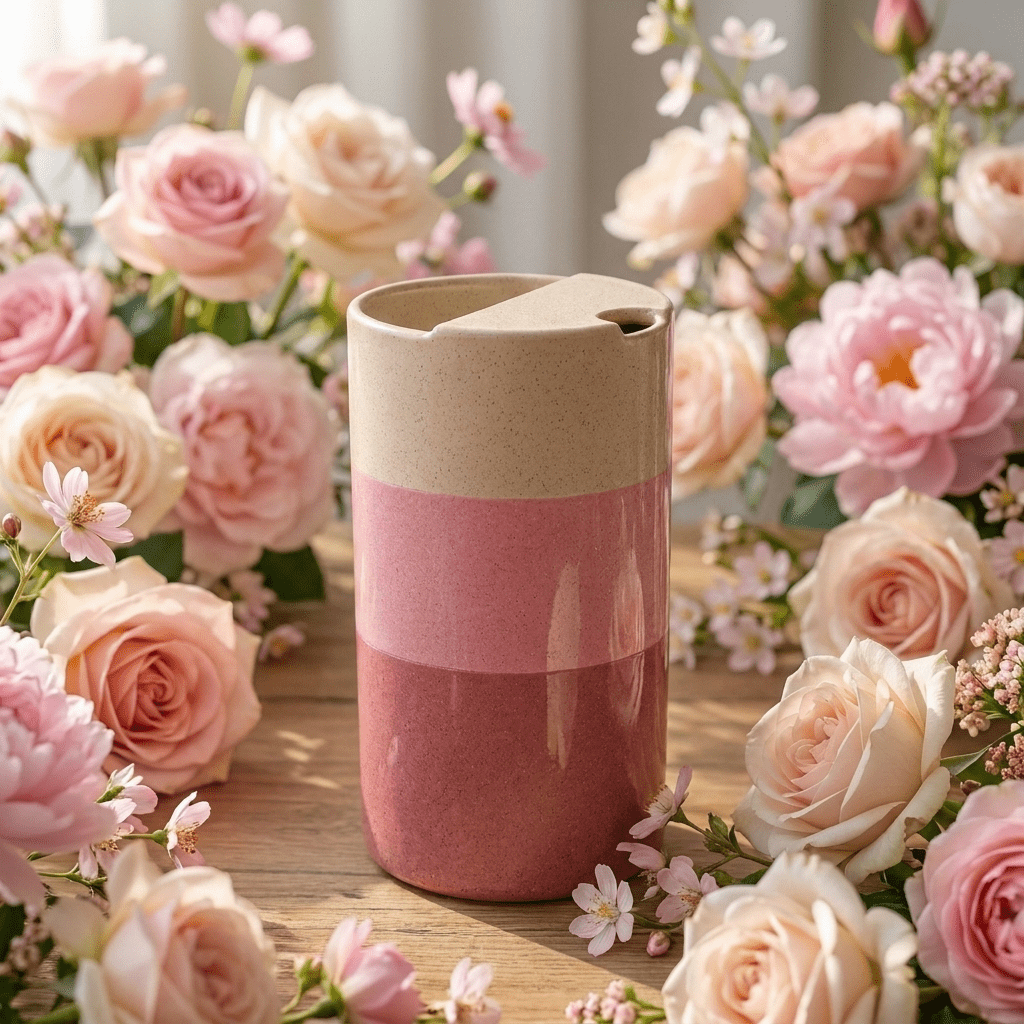 Cherry Blossom Pink Ceramic Travel Mug | Tall Stoneware Coffee Mug with Half Lid 🌸