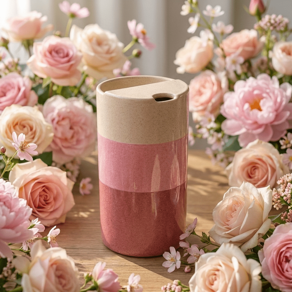 Cherry Blossom Pink Ceramic Travel Mug | Tall Stoneware Coffee Mug with Half Lid 🌸