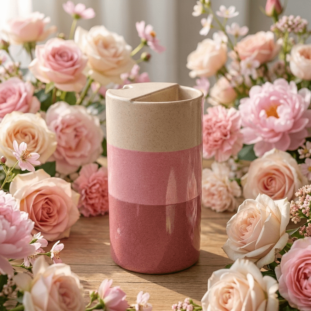 Cherry Blossom Pink Ceramic Travel Mug | Tall Stoneware Coffee Mug with Half Lid 🌸