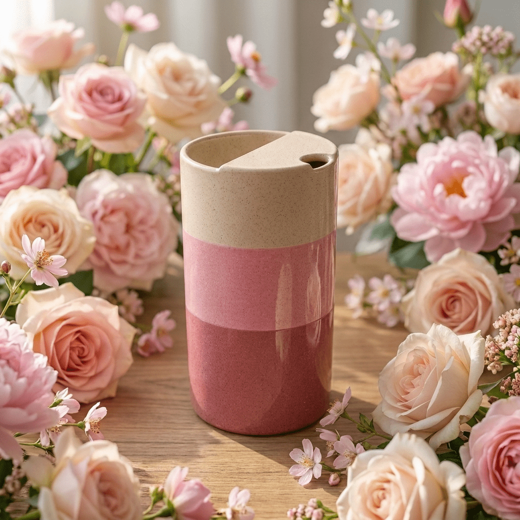 Cherry Blossom Pink Ceramic Travel Mug | Tall Stoneware Coffee Mug with Half Lid 🌸