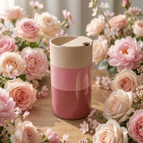 Cherry Blossom Pink Ceramic Travel Mug | Tall Stoneware Coffee Mug with Half Lid 🌸