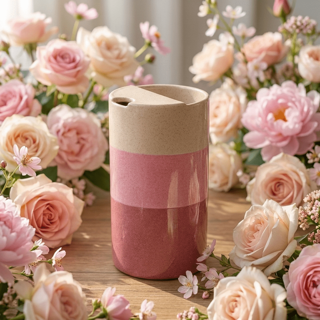 Cherry Blossom Pink Ceramic Travel Mug | Tall Stoneware Coffee Mug with Half Lid 🌸