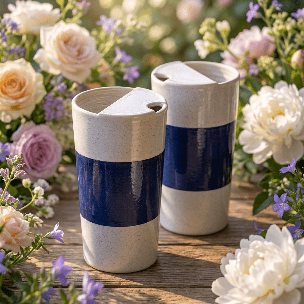 Midnight Indigo Ceramic Travel Mug | Tall Stoneware Coffee Mug with Half Lid | Modern Minimalist Tea Cup | Artisan Handmade Style Mug