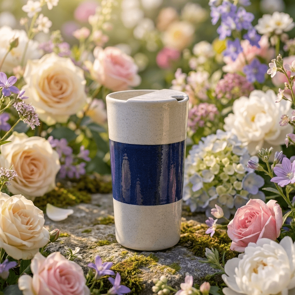 Midnight Indigo Ceramic Travel Mug | Tall Stoneware Coffee Mug with Half Lid | Modern Minimalist Tea Cup | Artisan Handmade Style Mug