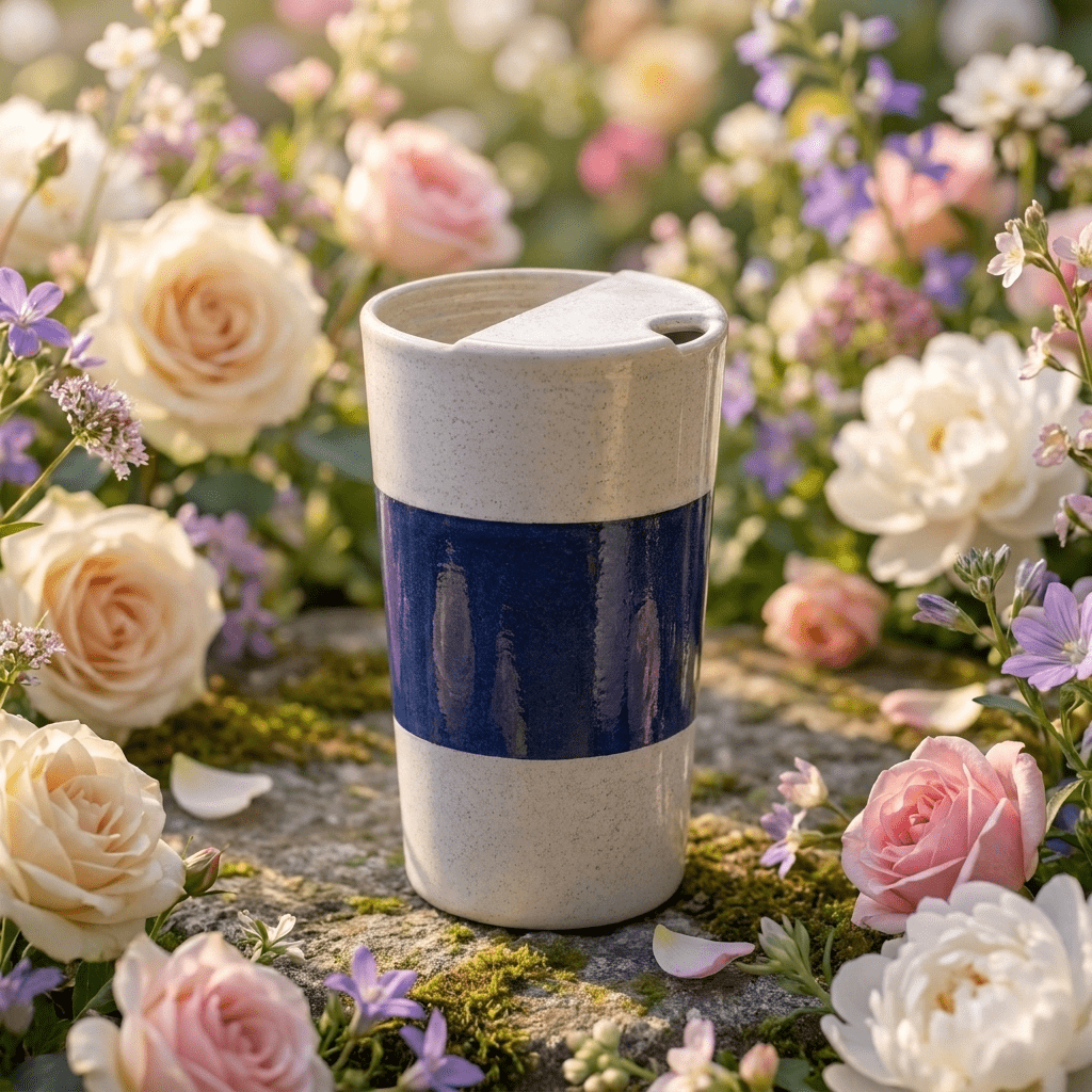 Midnight Indigo Ceramic Travel Mug | Tall Stoneware Coffee Mug with Half Lid | Modern Minimalist Tea Cup | Artisan Handmade Style Mug