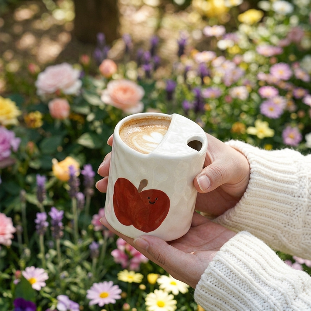 Handcrafted Apple Ceramic Mug with Straw Holder | Coffee Time Mug | Cute Cottagecore Drink Cup