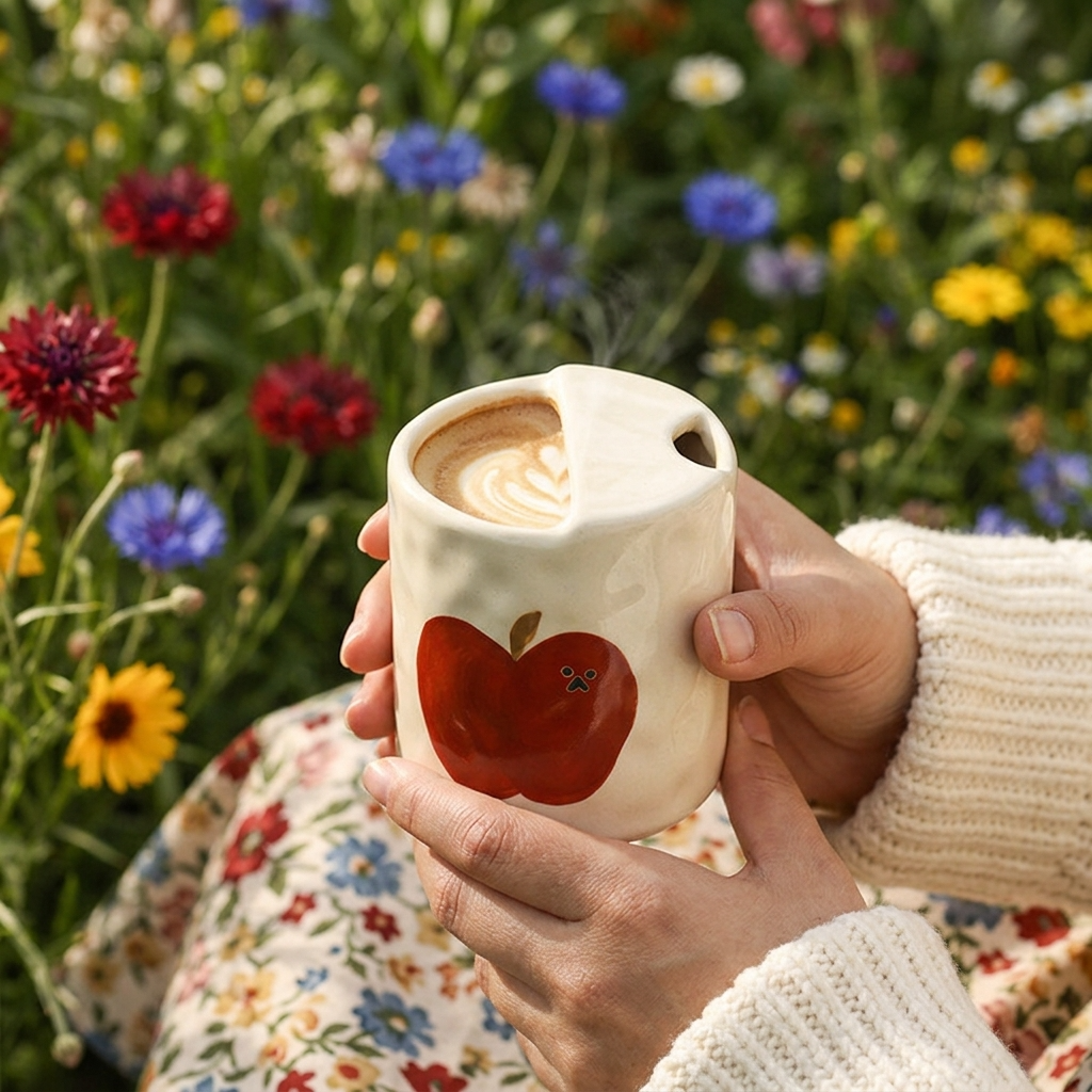 Handcrafted Apple Ceramic Mug with Straw Holder | Coffee Time Mug | Cute Cottagecore Drink Cup