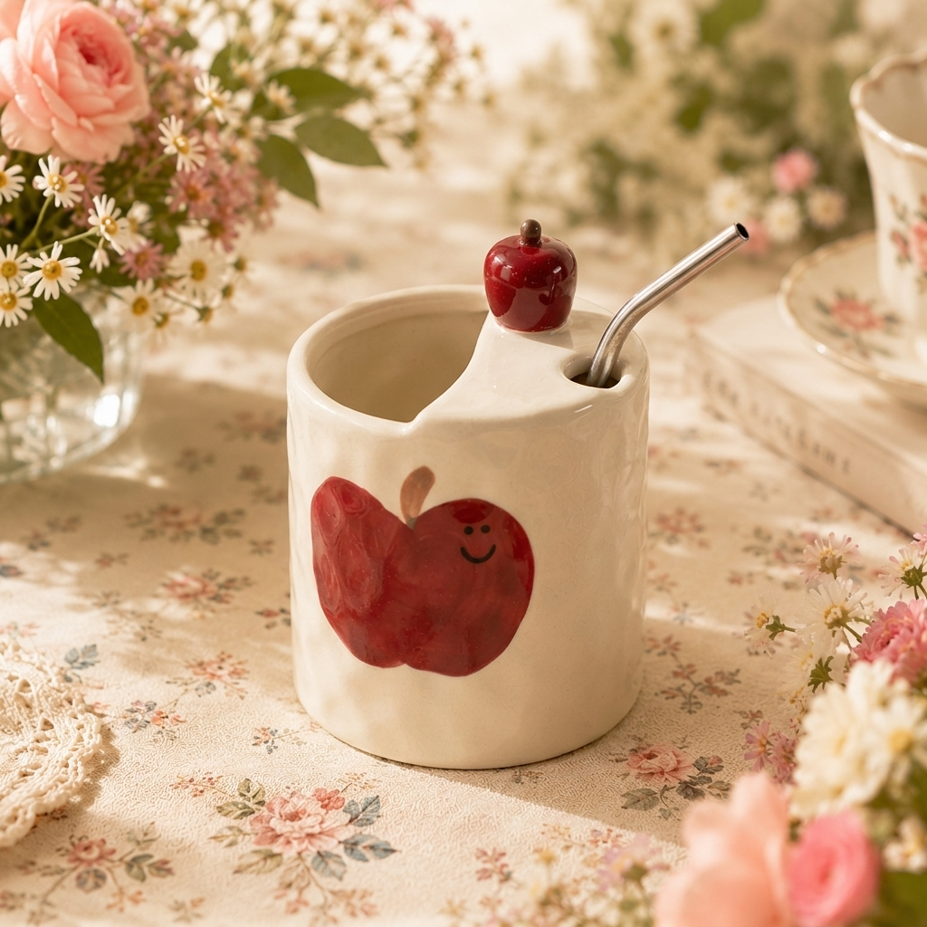 Handcrafted Apple Ceramic Mug with Straw Holder | Coffee Time Mug | Cute Cottagecore Drink Cup