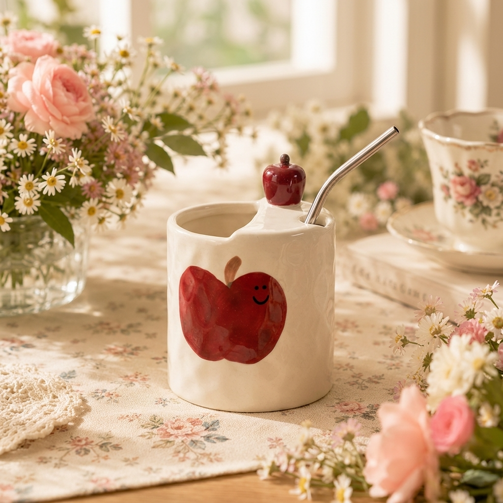 Handcrafted Apple Ceramic Mug with Straw Holder | Coffee Time Mug | Cute Cottagecore Drink Cup