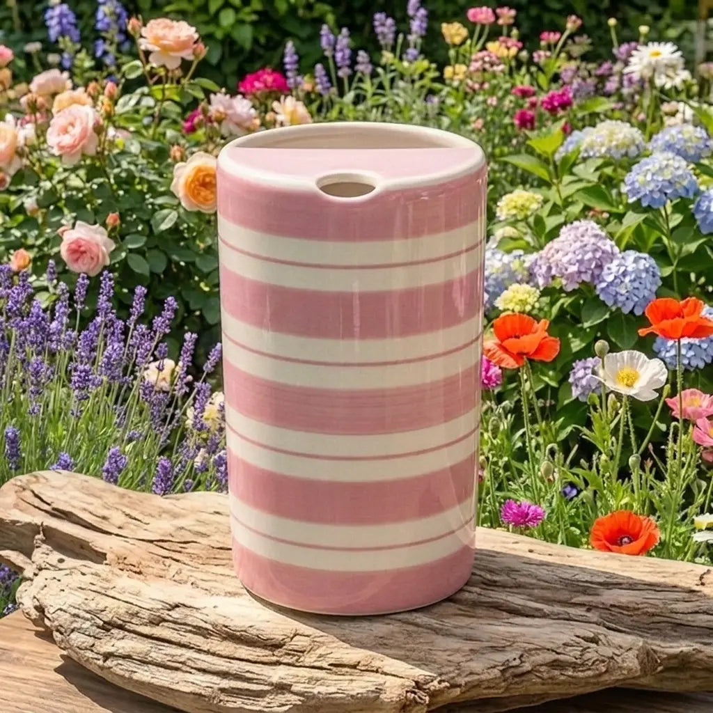Pink Striped Ceramic Travel Mug – Handmade Coffee Tumbler, Minimalist Aesthetic Cup, Leak-Free Sip Mug Siporia