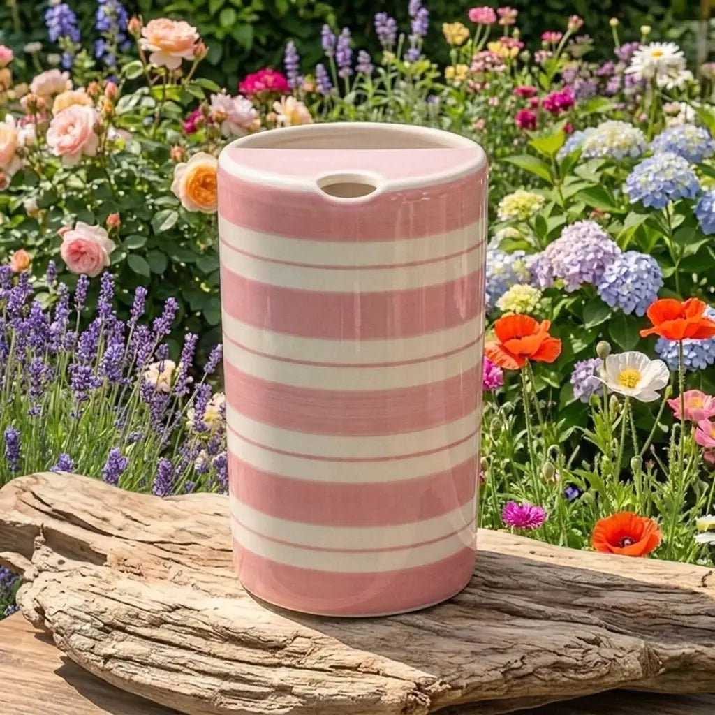 Pink Striped Ceramic Travel Mug – Handmade Coffee Tumbler, Minimalist Aesthetic Cup, Leak-Free Sip Mug Siporia