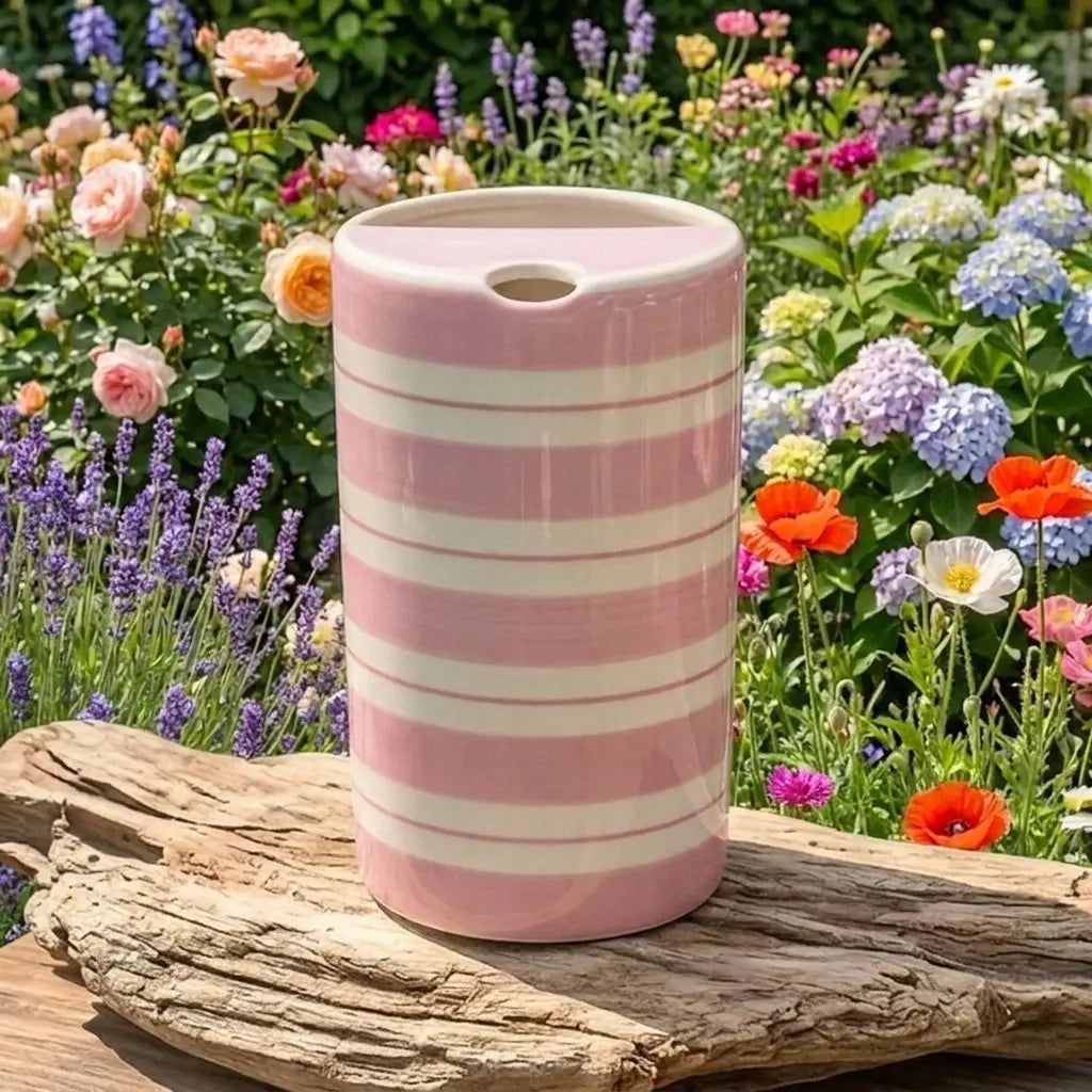 Pink Striped Ceramic Travel Mug – Handmade Coffee Tumbler, Minimalist Aesthetic Cup, Leak-Free Sip Mug Siporia