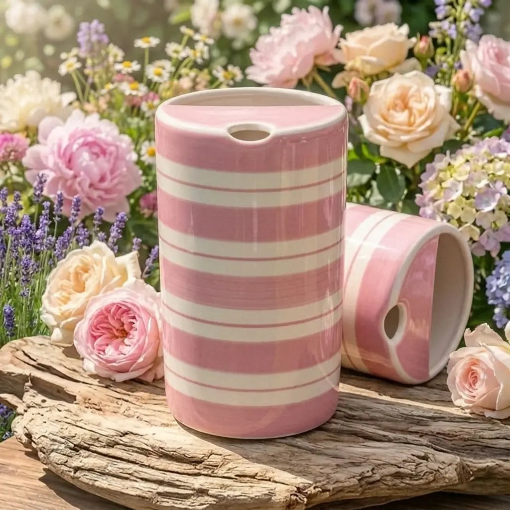 Pink Striped Ceramic Travel Mug – Handmade Coffee Tumbler, Minimalist Aesthetic Cup, Leak-Free Sip Mug Siporia