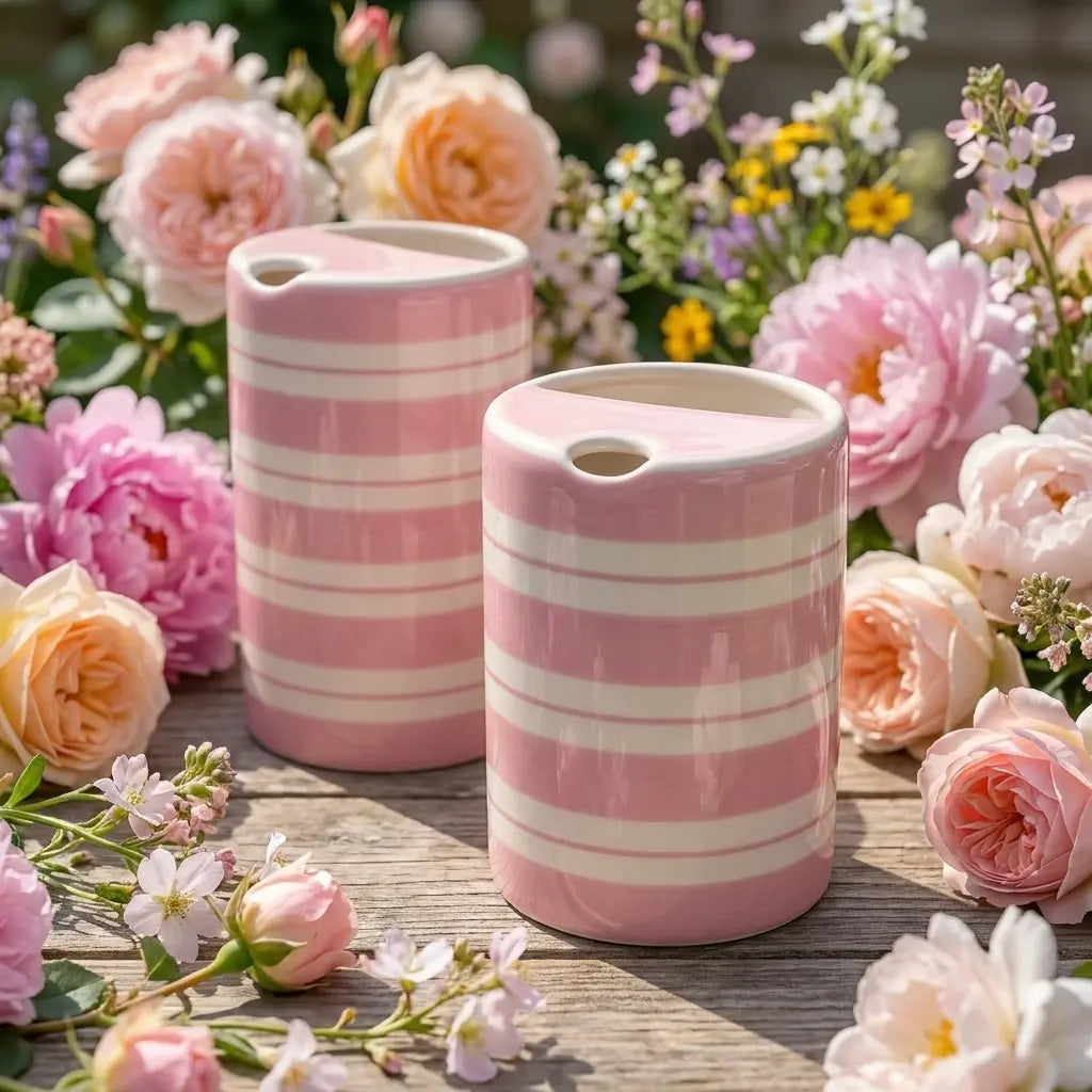 Pink Striped Ceramic Travel Mug – Handmade Coffee Tumbler, Minimalist Aesthetic Cup, Leak-Free Sip Mug Siporia
