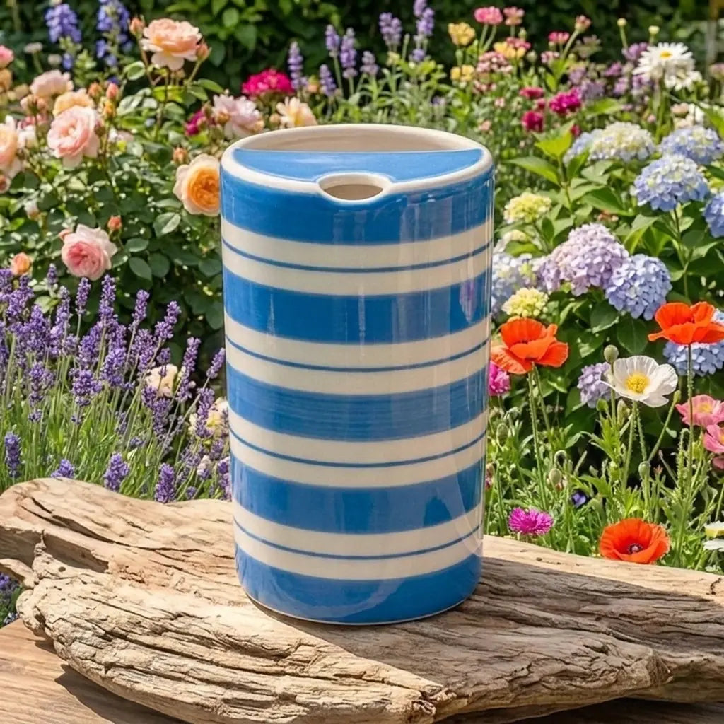 Blue Striped Ceramic Travel Mug – Handmade Coffee Tumbler, Minimalist Aesthetic Cup, Leak-Free Sip Mug Siporia