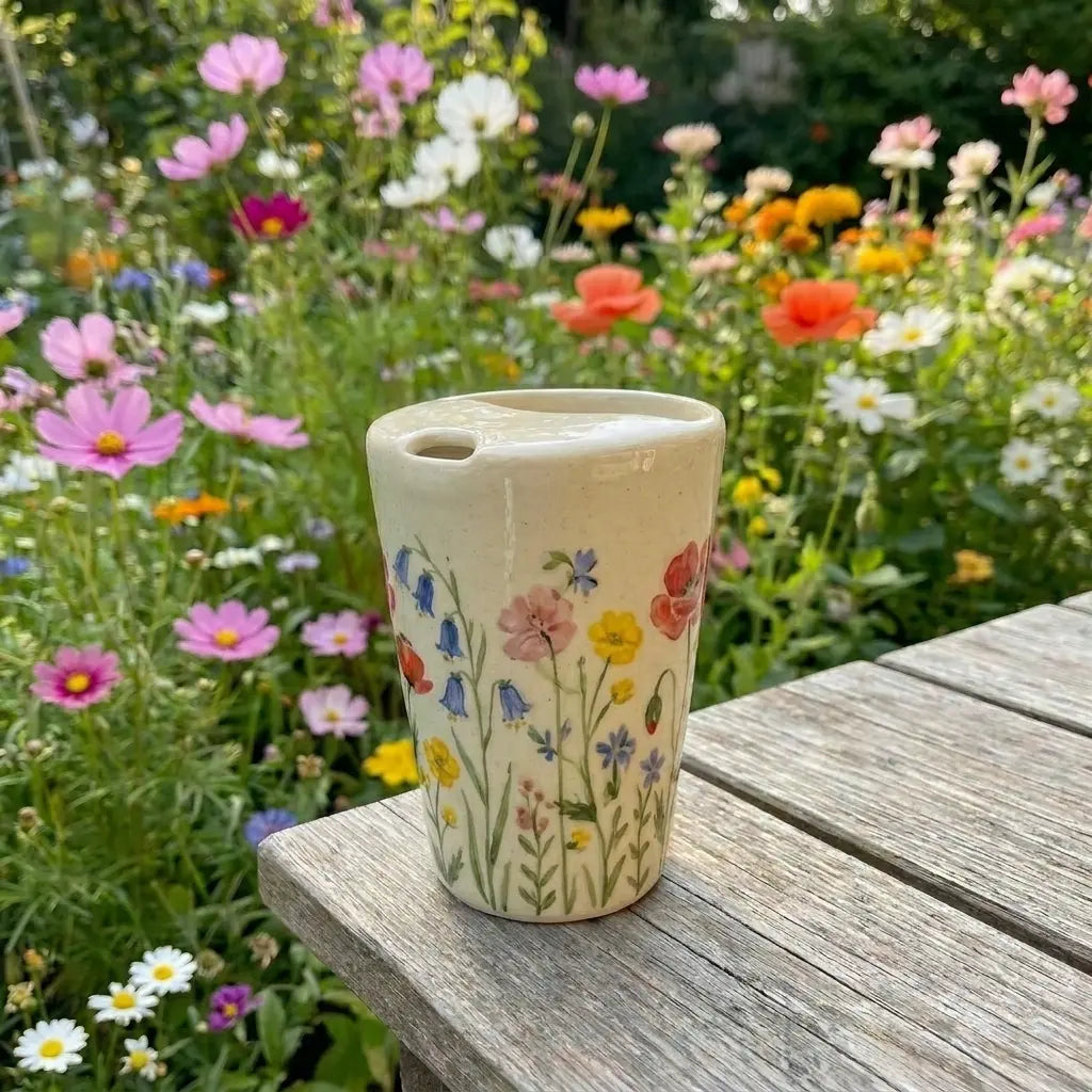 Wildflower Ceramic Travel Mug with Spout – Handmade Floral Coffee Tumbler, Leak-Free Sip Cup, Gift for Her Siporia