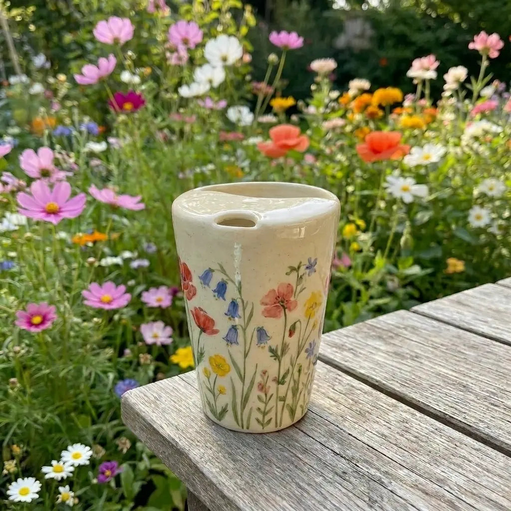 Wildflower Ceramic Travel Mug with Spout – Handmade Floral Coffee Tumbler, Leak-Free Sip Cup, Gift for Her Siporia