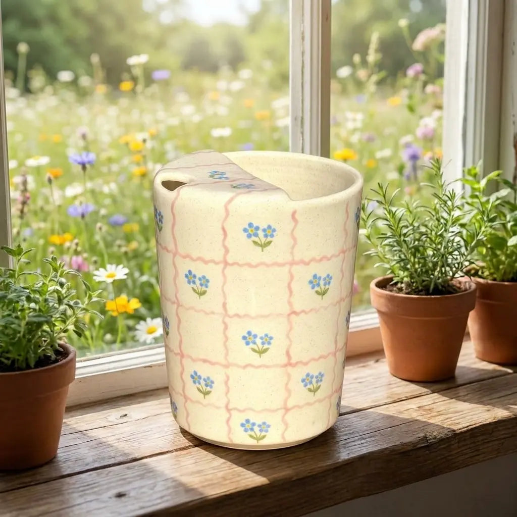 Handmade Pink Floral Checkered Mug | Cottagecore Ceramic Coffee Cup Siporia