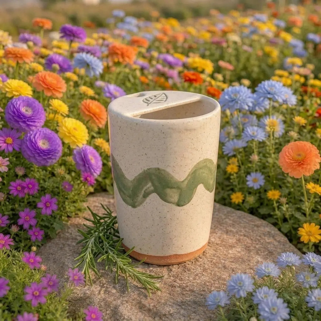 Handmade Wavy Botanical Ceramic Mug | Minimalist Artisan Coffee Cup Siporia