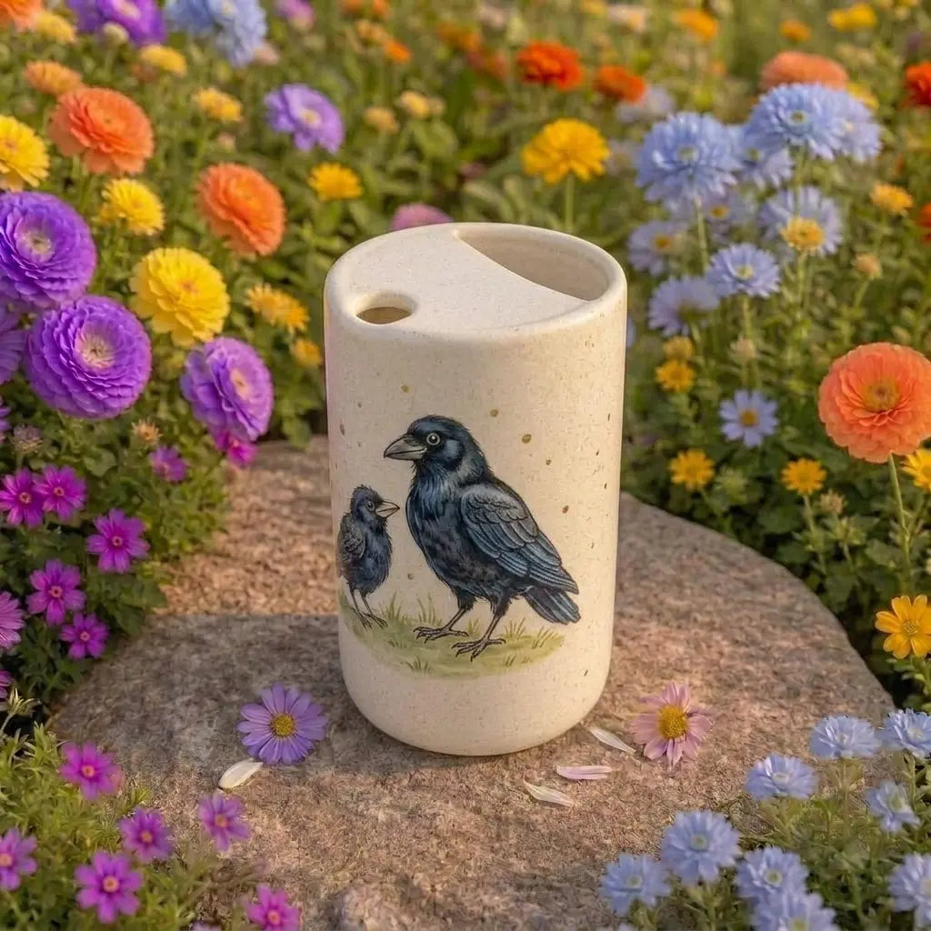 Cute Crow Ceramic Mug with Lid | Cozy Woodland Bird Coffee Cup | Handmade Cottagecore Tea Mug Gift Siporia