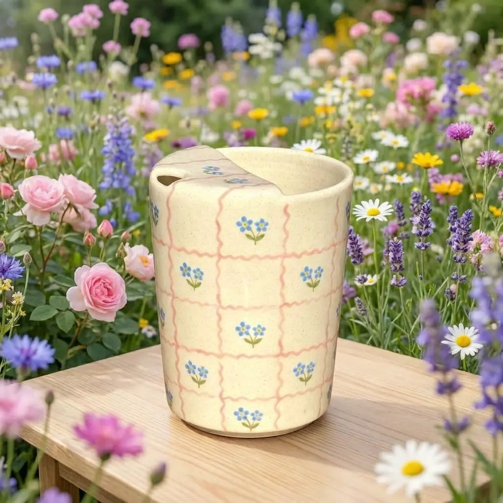 Handmade Pink Floral Checkered Mug | Cottagecore Ceramic Coffee Cup Siporia