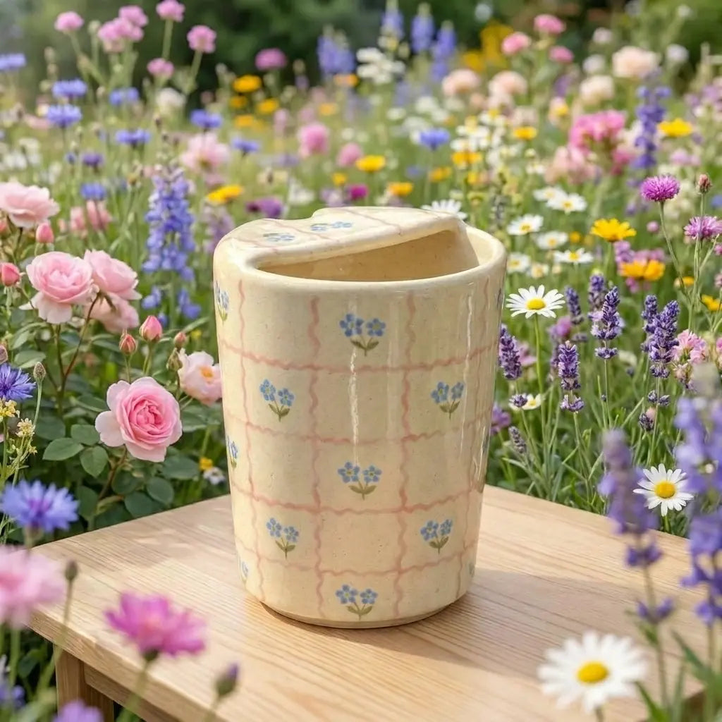 Handmade Pink Floral Checkered Mug | Cottagecore Ceramic Coffee Cup Siporia