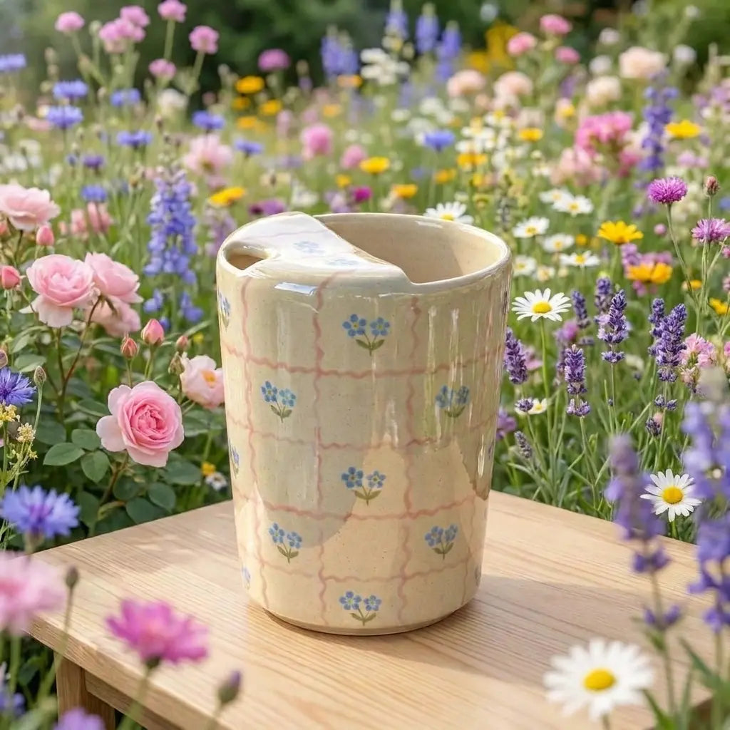 Handmade Pink Floral Checkered Mug | Cottagecore Ceramic Coffee Cup Siporia