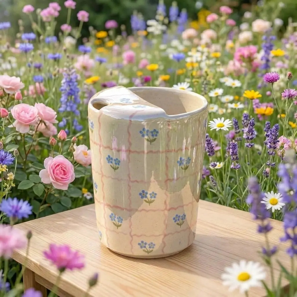 Handmade Pink Floral Checkered Mug | Cottagecore Ceramic Coffee Cup Siporia
