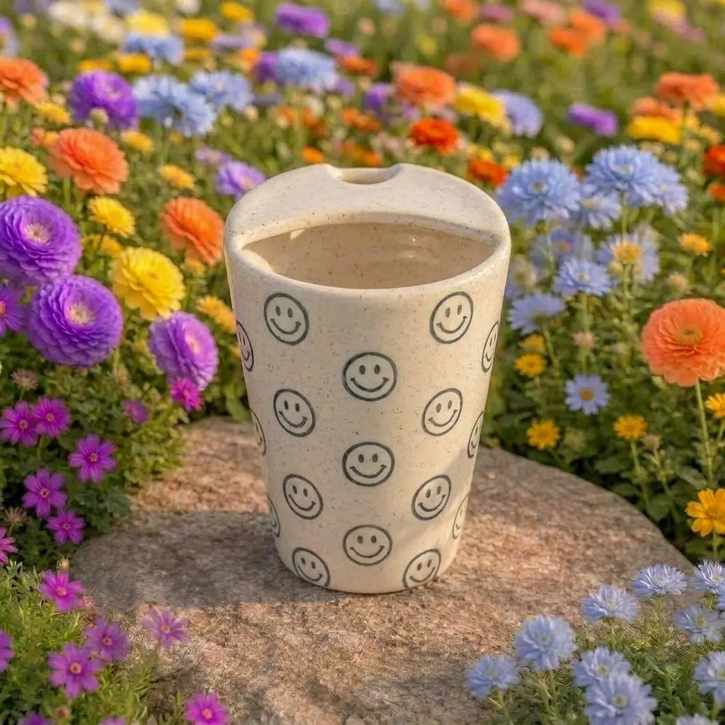 Smiley Face Pattern Ceramic Mug | Handmade Artisan Coffee & Tea Cup Siporia