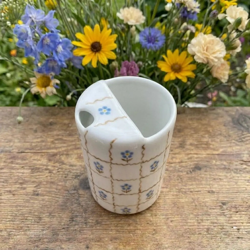 Handmade Rose Checkered Ceramic Mug | Cottagecore Floral Coffee Cup Siporia