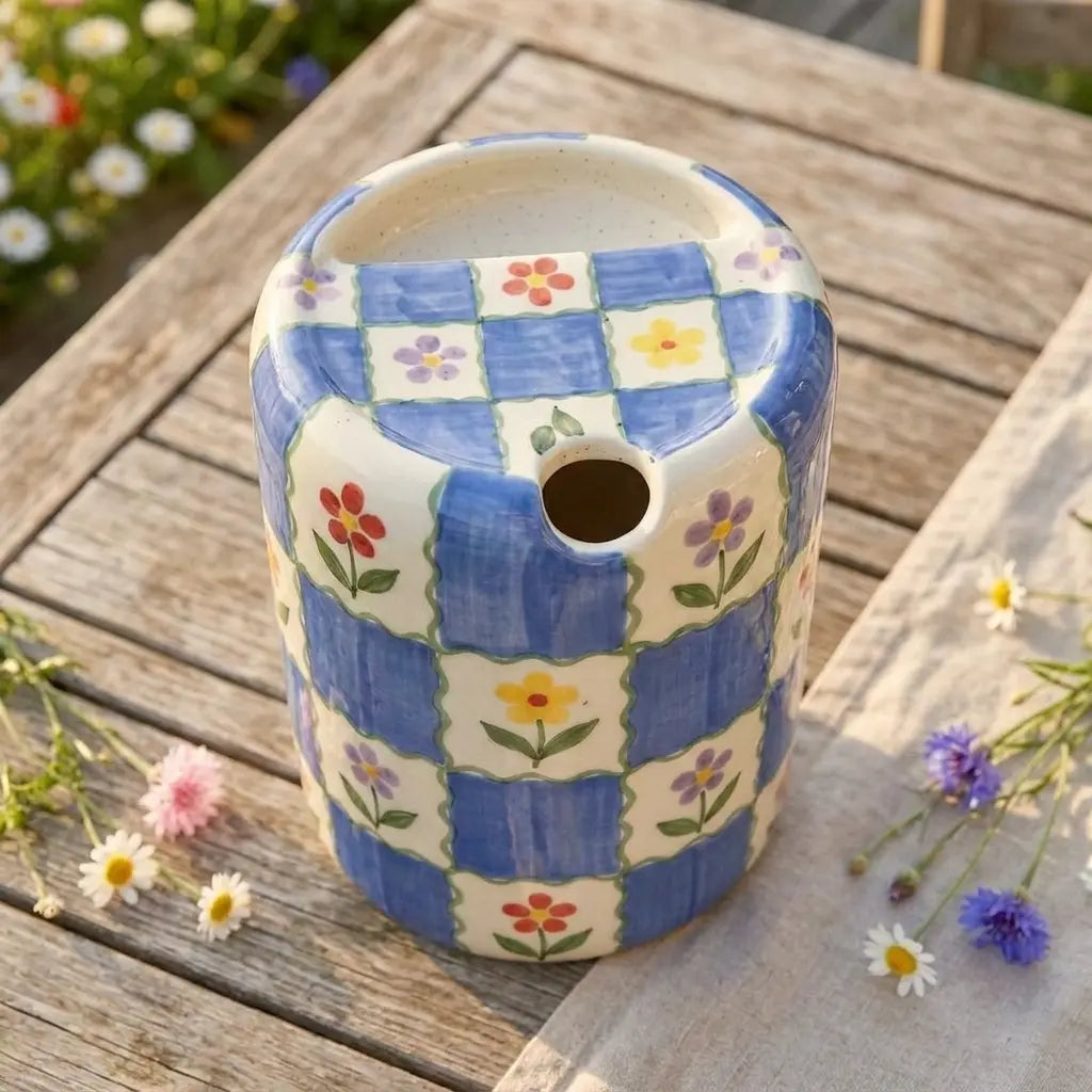 Handmade Floral Picnic Ceramic Mug | Cottagecore Checkered Coffee Cup Siporia