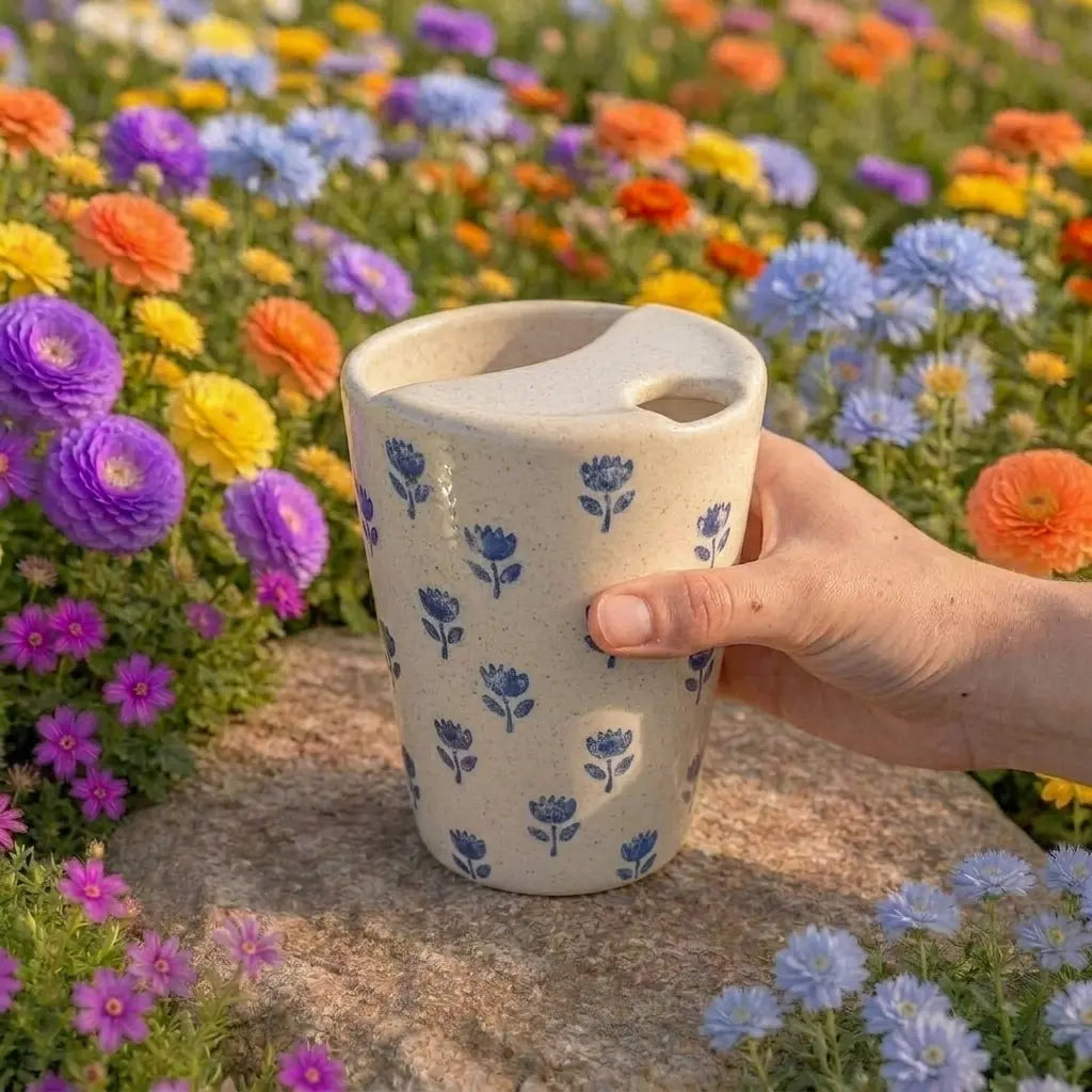 Blue Wildflower Pattern Ceramic Mug | Handmade Artisan Tea & Coffee Cup Siporia