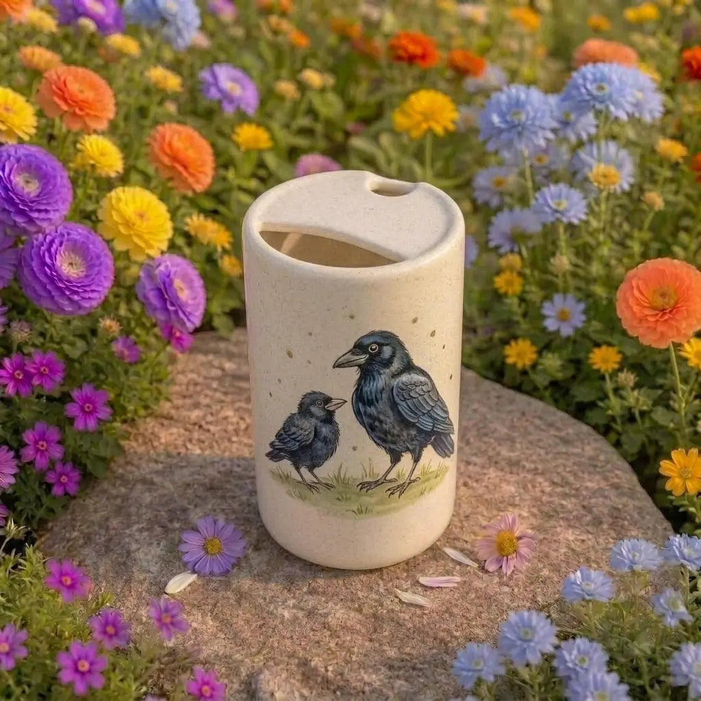 Cute Crow Ceramic Mug with Lid | Cozy Woodland Bird Coffee Cup | Handmade Cottagecore Tea Mug Gift Siporia