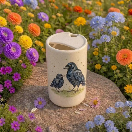 Cute Crow Ceramic Mug with Lid | Cozy Woodland Bird Coffee Cup | Handmade Cottagecore Tea Mug Gift Siporia