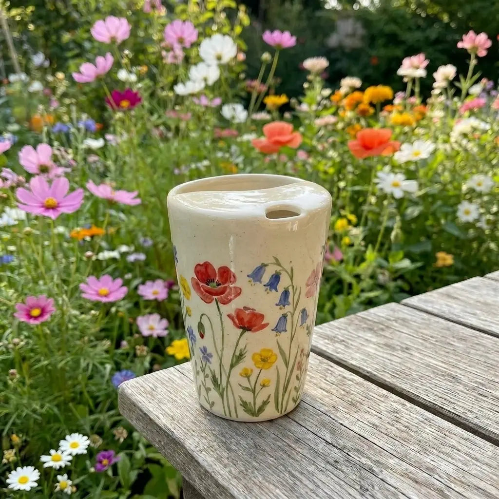 Wildflower Ceramic Travel Mug with Spout – Handmade Floral Coffee Tumbler, Leak-Free Sip Cup, Gift for Her Siporia